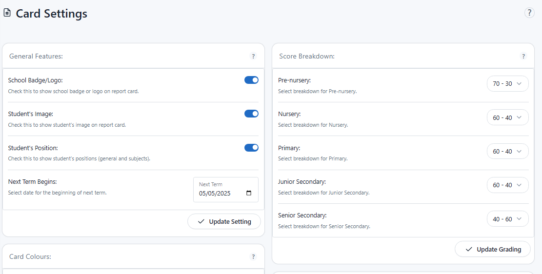 Custom Report Card Settings